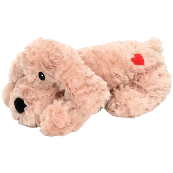 Jouet pour chien en peluche doux de couleur rose clair avec des yeux noirs et un cœur rouge sur le côté, idéal pour le temps de jeu des animaux de compagnie.