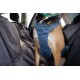 Nahaufnahme eines Hundes, der ein blaues Geschirr trägt, und im Auto mit einer schützenden Sitzabdeckung sitzt.