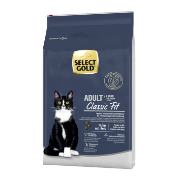 Classic Fit Adult Huhn 7 kg Select Gold Katzenfutterbeutel mit einer schwarz-weißen Katze, beschriftet "ADULT Classic Fit", mit Text, der Huhn- und Reis-Zutaten angibt.