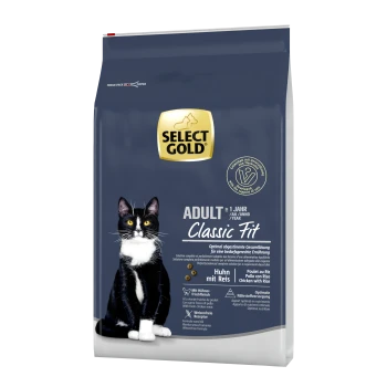 Sac de nourriture pour chats Select Gold présentant un chat noir et blanc, étiqueté "ADULT Classic Fit", avec un texte indiquant des ingrédients de poulet et de riz.