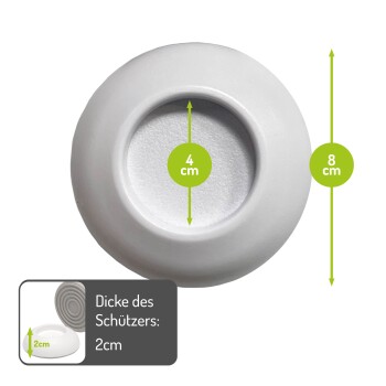 Weiße Haustierfutterschüssel mit einem Durchmesser von 8 cm und einer Tiefe von 4 cm, mit einem Etikett, das eine Dicke von 2 cm angibt.