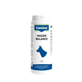 Canina Magen Balance Ergänzung für Hunde, mit einer blauen Hundesilhouette und Text über natürliche Inhaltsstoffe zur Unterstützung des Magens.