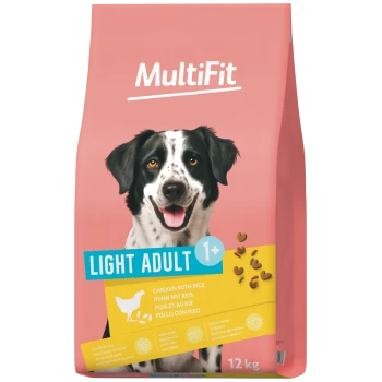 Rosa MultiFit-Hundefuttersack mit lächelndem schwarz-weißem Hund; Aufschrift „Light Adult 1+ Huhn mit Reis“ und „12 kg“.