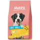 Rosa MultiFit-Hundefuttersack mit lächelndem schwarz-weißem Hund; Aufschrift „Light Adult 1+ Huhn mit Reis“ und „12 kg“.