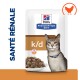 Emballage de nourriture pour chats Hill's Prescription Diet k/d présentant un chat gris avec un collier bleu, étiqueté "Santé Rénale" et "ActivBiome+ Kidney Defense."