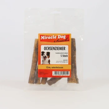 Miracle Dog Snacks Ochsenziemer 5-teilig, natürliche 12 cm Hundesnacks mit Hundeabbildung auf transparenter Verpackung.