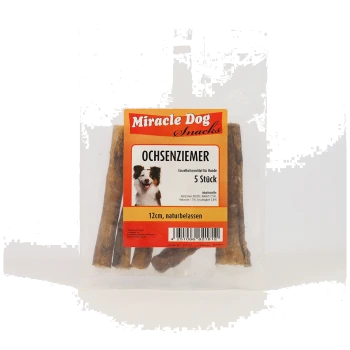 Miracle Dog Snacks Ochsenziemer 5-teilig, natürliche 12 cm Hundesnacks mit Hundeabbildung auf transparenter Verpackung.