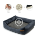 Ein plüschiges, dunkelgraues Haustierbett mit erhöhten Rändern, das eine Hand- und Handflächenabdruckillustration zeigt, die Komfortschichten von jeweils 4 cm anzeigt.