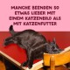Schwarze Katze schläft auf einem roten Tisch, Kopf auf einem Holzstuhl; rosa Banner auf Deutsch bevorzugt ein Katzenbild gegenüber Katzenfutter.