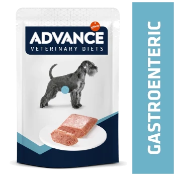 Emballage de nourriture pour chien Advance Veterinary Diets Gastroenteric avec une silhouette de chien gris et une assiette avec des portions de viande.