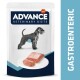 Emballage de nourriture pour chien Advance Veterinary Diets Gastroenteric avec une silhouette de chien gris et une assiette avec des portions de viande.