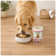 Golden Retriever frisst Trockenfutter, mit Pulverergänzung bestreut; neben der Schüssel steht ein Behälter mit der Aufschrift 'SUPPORT'.