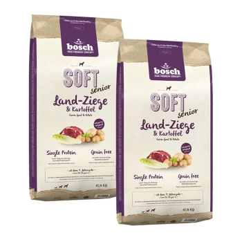Soft Senior Land-Ziege & Kartoffel 2x12,5 kg Zwei Beutel Bosch Soft Senior Hundefutter, beschriftet mit 'Land-Ziege & Kartoffel', die die Merkmale von Einzelprotein und getreidefrei hervorheben.