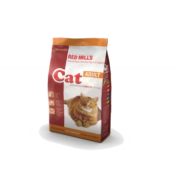 A bag of Connolly's Red Mills Cat Adult food with a fluffy orange cat and "Chicken & Fish" flavor on the front.