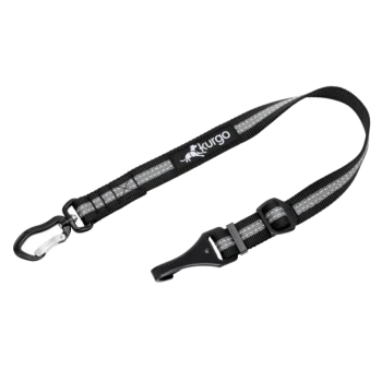 Schwarze und graue Kurgo-Hundeleine mit reflektierenden Streifen und einem Metallclip, entworfen für Sicherheit und Haltbarkeit.
