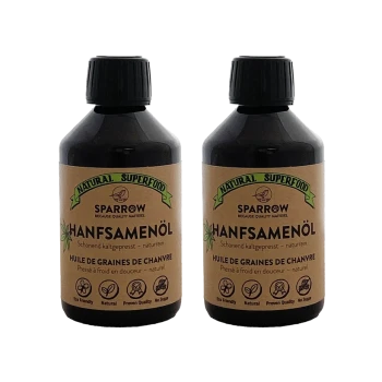 Deux bouteilles d'huile de graines de chanvre Sparrow avec une étiquette de super-aliment naturel, présentant des icônes écologiques et naturelles.