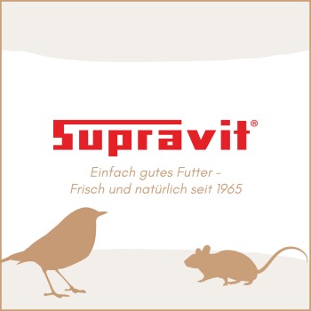 Supravit-Logo mit Slogan „Einfach gutes Futter – Frisch und natürlich seit 1965“ und Silhouetten eines Vogels und einer Maus.