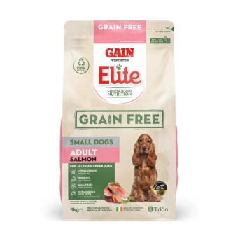 Grain-free dog food package for small adult dogs, featuring salmon, with claims of being hypoallergenic and containing prebiotics.