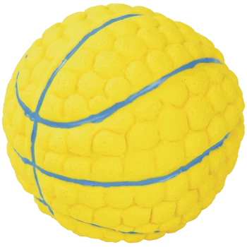 Gelber strukturierter Gummi-Hundeball mit blauen, basketballähnlichen Rillen und noppiger Oberfläche.