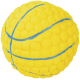 Gelber strukturierter Gummi-Hundeball mit blauen, basketballähnlichen Rillen und noppiger Oberfläche.