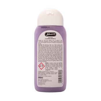 Johnson's Cat Flea Cleansing Shampoo, 200ml bottle, with usage directions and safety warnings on the back label.