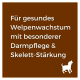 Text auf braunem Hintergrund: "Für gesundes Welpenwachstum mit besonderer Darmpflege & Skelett-Stärkung" mit einer weißen Silhouette eines Hundes.