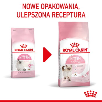 Dwie różowe torby karmy Royal Canin Kitten (stare i nowe) ze czerwonym grotem; widoczne napisy: NOWE OPAKOWANIA, ULEPSZONA RECEPTURA, ROYAL CANIN, KITTEN, Up to 12 months