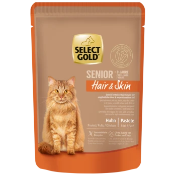 Select Gold Senior Hair & Skin Katzenfutterbeutel für Katzen ab 9 Jahren, Hühnerpastete, getreidefrei, ohne Zucker oder Soja, mit Katzenbild.