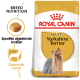 Royal Canin Adult Yorkshire Terrier hondenvoer zak met een Yorkshire Terrier met een strik, die voeding specifiek voor het ras en een gezonde vacht benadrukt.