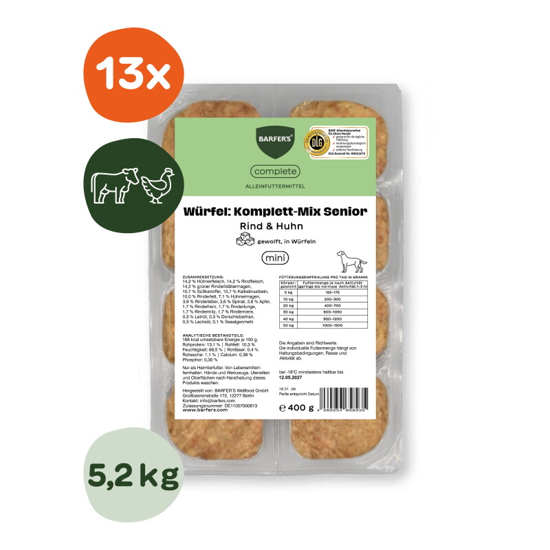 BARFER'S Würfel: Komplett-Mix Senior Rind & Huhn 13x400 g