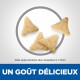 Quatre friandises triangulaires pour animaux de compagnie sont affichées sur un fond blanc, avec une légende indiquant "UN GOÛT DÉLICIEUX" et des détails de taille en dessous.