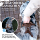 Eine Person hält ein reflektierendes braunes Hundegeschirr, während sie einen Hund ausführt. Text: "Sorgenfreies Gassigehen" und "Bequemer Griff für Kontrolle."