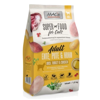 MAC's Super Food für Katzen, 1,5 kg Beutel, mit Trockenfutter für Katzen mit Ente, Truthahn und Huhn, gekennzeichnet als getreidefrei und mit hohem Fleischanteil.