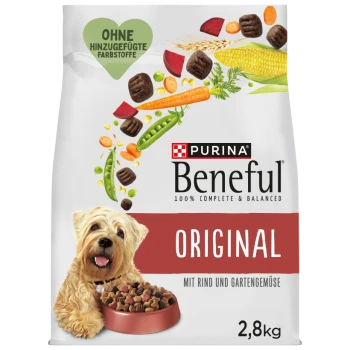 Purina Beneful Original 2,8 kg Hundefutterbeutel mit fröhlichem Hund, Futterschale und Gemüse; Aufschrift „Mit Rind und Gartengemüse“.
