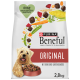 Purina Beneful Original 2,8 kg Hundefutterbeutel mit fröhlichem Hund, Futterschale und Gemüse; Aufschrift „Mit Rind und Gartengemüse“.