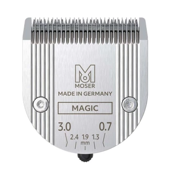 Moser Magic Haustierhaarschneiderklinge, hergestellt in Deutschland, mit einstellbaren Schnittlängen von 0,7 bis 3,0 mm und detaillierten Maßmarkierungen.