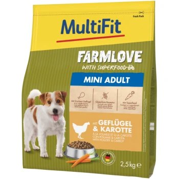 Hundefutterverpackung mit einem kleinen Hund neben einer Schüssel mit Trockenfutter. Der Text hebt 'MultiFit FarmLove Mini Adult' mit Zutaten hervor: Geflügel und Karotte.