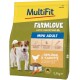 Hundefutterverpackung mit einem kleinen Hund neben einer Schüssel mit Trockenfutter. Der Text hebt 'MultiFit FarmLove Mini Adult' mit Zutaten hervor: Geflügel und Karotte.