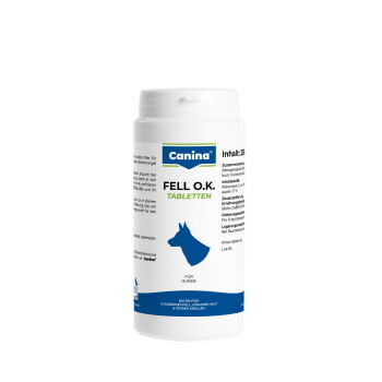 Weiße Canina FELL O.K. Tabletten-Flasche für Hunde mit blauer Hundesilhouette und Canina-Logo.