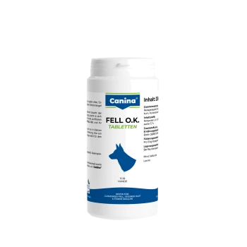 Weiße Canina FELL O.K. Tabletten-Flasche für Hunde mit blauer Hundesilhouette und Canina-Logo.