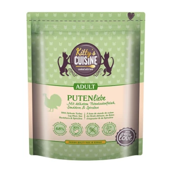 Erwachsenen Katzenfutterpaket mit der Aufschrift "Kitty's Cuisine", das Truthahn, Sanddorn und Spirulina enthält. Grüner Hintergrund mit Katzen-Icons.