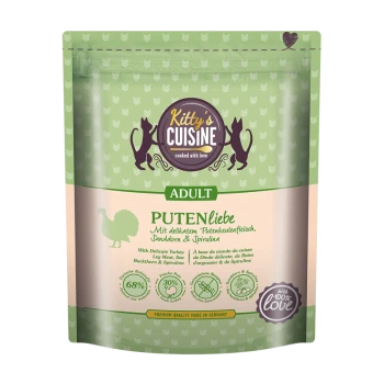 Erwachsenen Katzenfutterpaket mit der Aufschrift "Kitty's Cuisine", das Truthahn, Sanddorn und Spirulina enthält. Grüner Hintergrund mit Katzen-Icons.