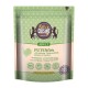 Emballage de nourriture pour chats adultes étiqueté "Kitty's Cuisine" avec de la dinde, de l'argousier et de la spiruline. Fond vert avec des icônes de chat.