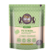 Erwachsenen Katzenfutterpaket mit der Aufschrift "Kitty's Cuisine", das Truthahn, Sanddorn und Spirulina enthält. Grüner Hintergrund mit Katzen-Icons.