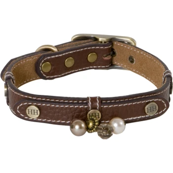 Halsband Fashion braun S Braunes Leder-Haustierhalsband, verziert mit dekorativen Perlen und Messingnieten, mit den Initialen "HH" auf den Nieten.