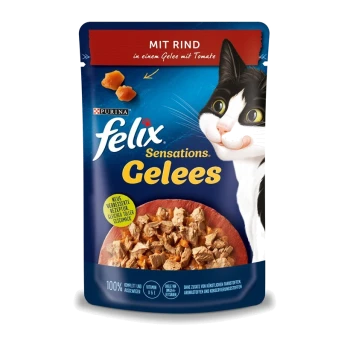 Felix Sensations kattenvoer zakje met een zwart-witte kat, gelabeld "Mit Rind in einem Gelee mit Tomate," met stukjes vlees in gelei.