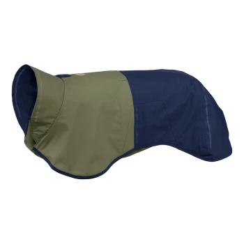 Ein Hundemantel mit einem zweifarbigen Design in olivgrün und marineblau, mit hohem Kragen und einer Seitentasche.