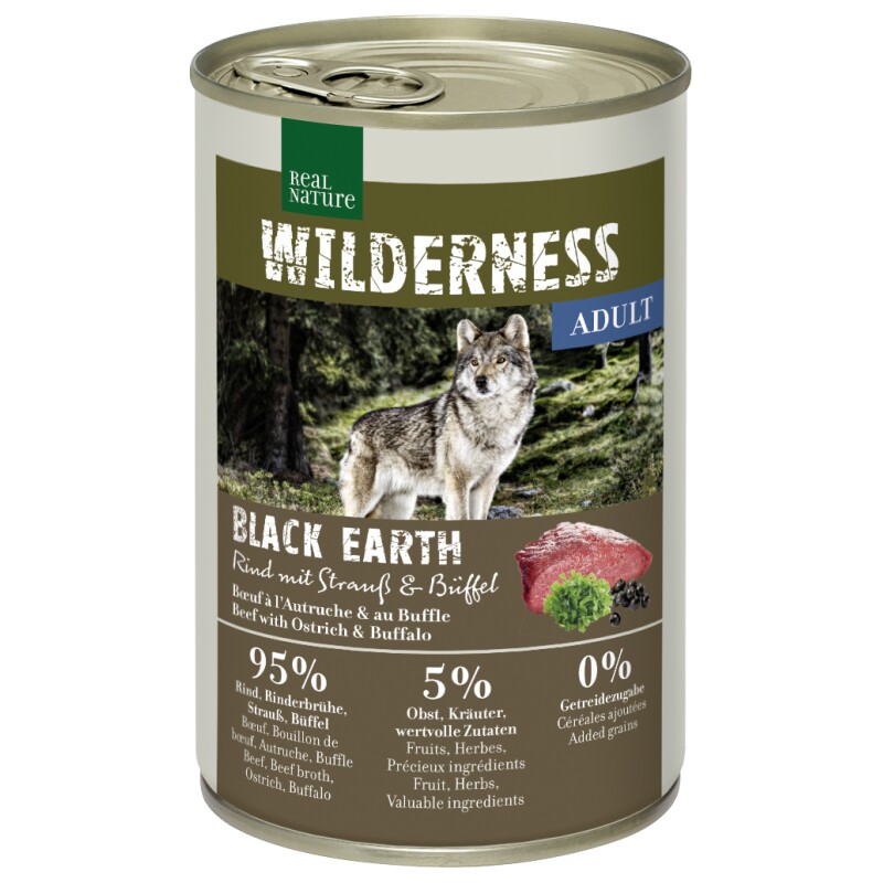 REAL NATURE Echte Natuur Wildernis Natvoer Hond Volwassen Black Earth Rundvlees met struisvogel en buffel 12x400 g