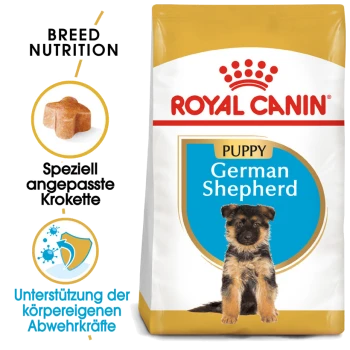 Royal Canin Welpen Deutscher Schäferhund Hundefutterbeutel mit einem Deutschen Schäferhund-Welpen, mit Text, der die Rassenernährung und die Unterstützung des Immunsystems hervorhebt.