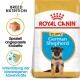 Royal Canin Welpen Deutscher Schäferhund Hundefutterbeutel mit einem Deutschen Schäferhund-Welpen, mit Text, der die Rassenernährung und die Unterstützung des Immunsystems hervorhebt.
